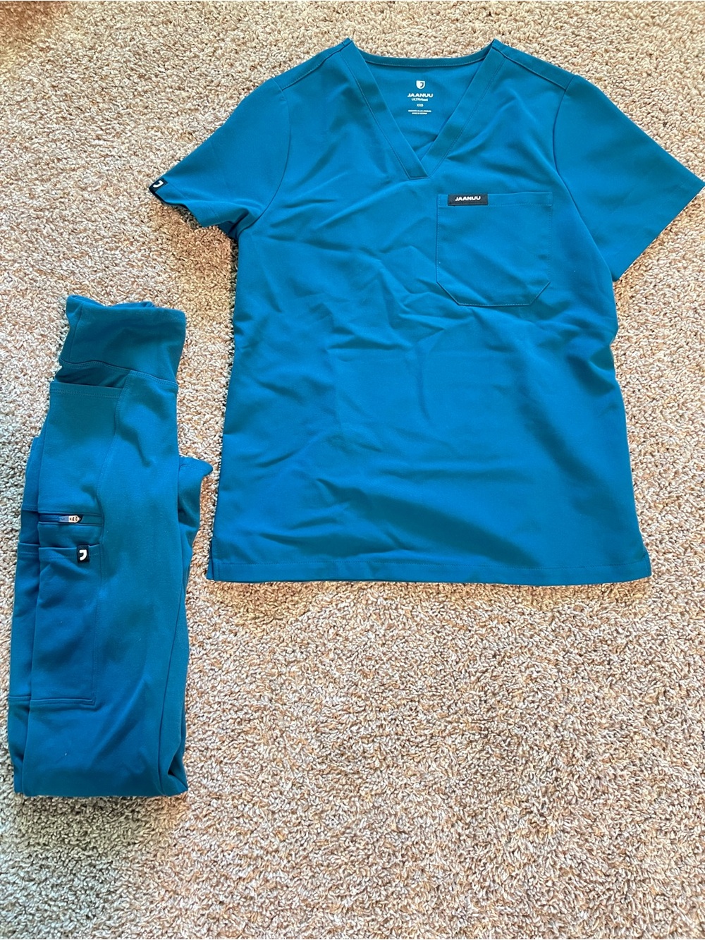 Jaanuu Teal V-Neck Scrub Top with Pocket and Yoga Scrub Pants set